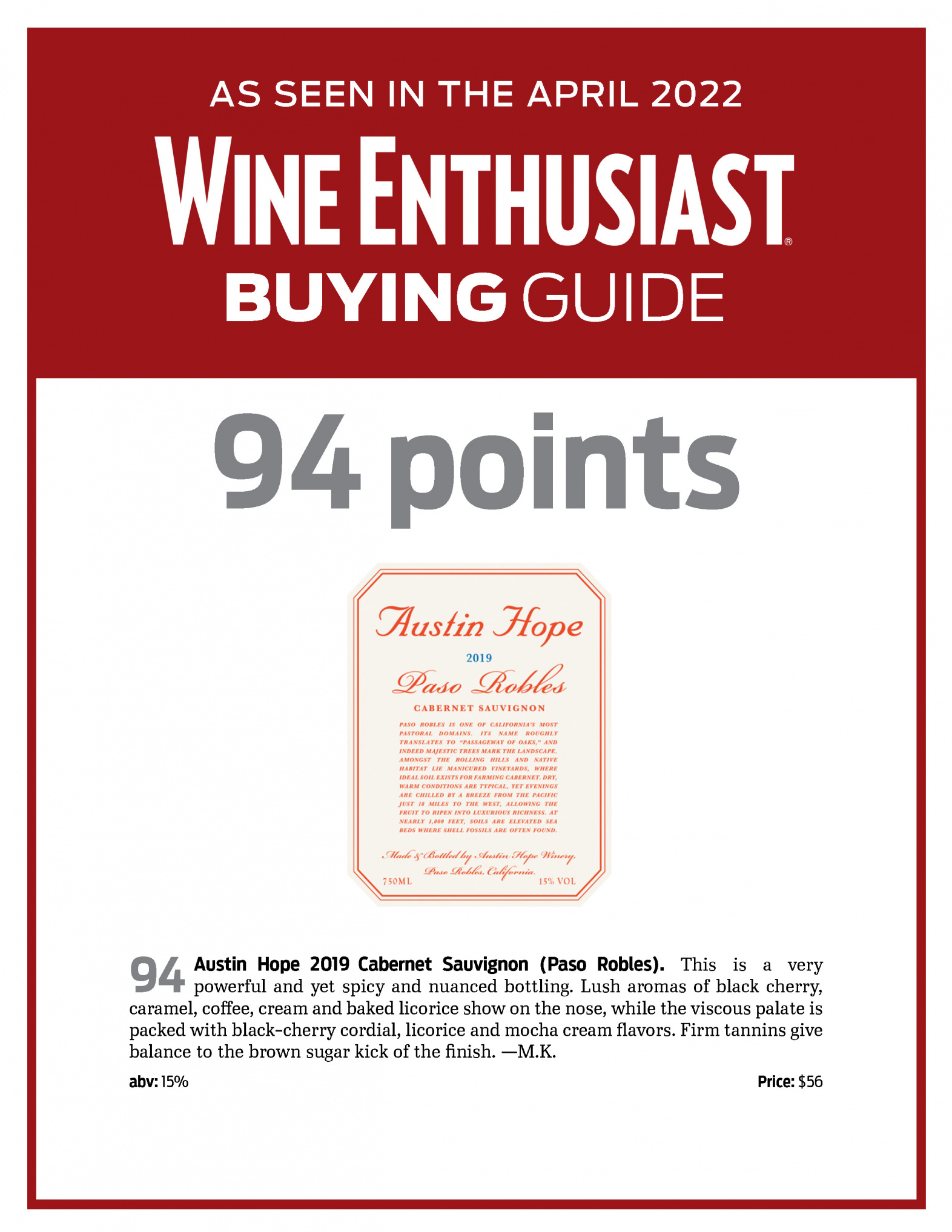 Austin Hope Sauvignon Scores 94 Points from Wine Enthusiast News ABS Wine Agencies