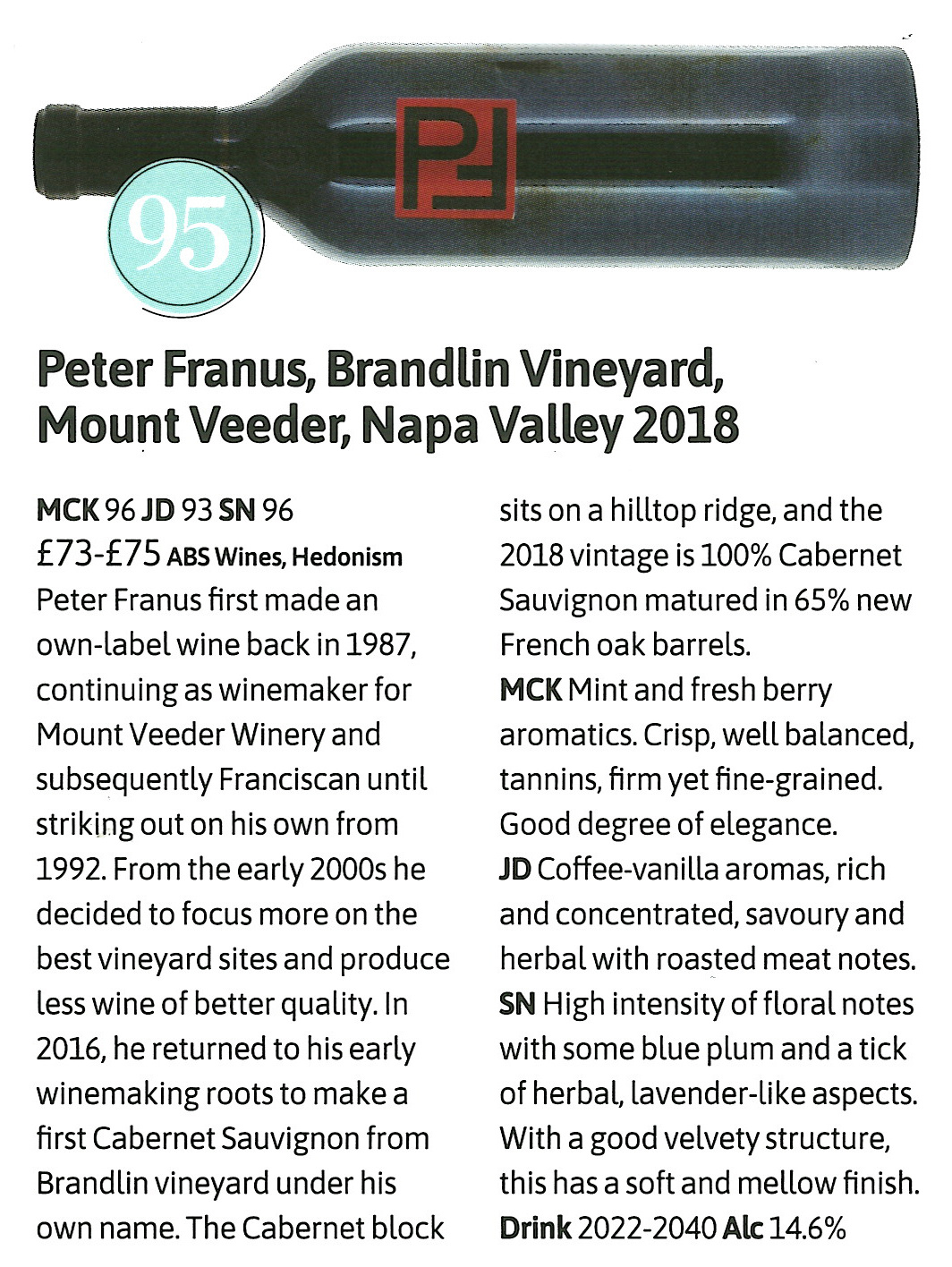 Decanter 95 Points For Peter Franus Brandlin Cabernet Sauvignon News 